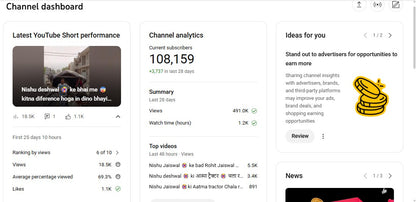 Monetization : Yes ✅ | ✅ 108K+ Subscribers | ✅ 11M+ Lifetime Views | bhai 5050d